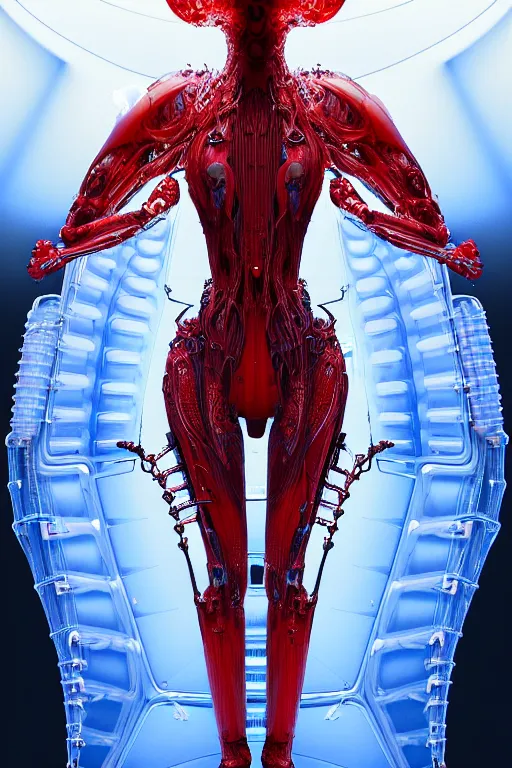 Image similar to background space station, red baroque inflateble dress iris van herpen positing on floor, helmet instead of a head, perfect symmetrical, full body shot, inflateble shapes, wires, tubes, veins, jellyfish, white biomechanical details, wearing epic bionic implants, masterpiece, intricate, biopunk, vogue, highly detailed, artstation, concept art