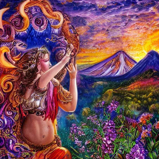 Prompt: painting by josephine wall, horned ram goddess checking her cell phone, erupting volcano and sunset in distance, flowers in foreground, zodiac, fantasy, acrylic on canvas, intricately detailed, highly detailed, high resolution, hdr, 8 k, trending on artstation