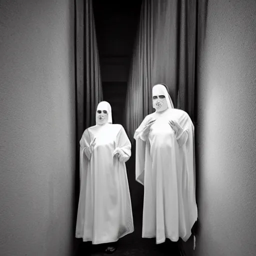 Image similar to nightmare vision, black and white, award winning photo, levitating twin nuns, wearing translucent sheet, in a sanctuary, hallways, eerie, frightening —width 1024 —height 1024