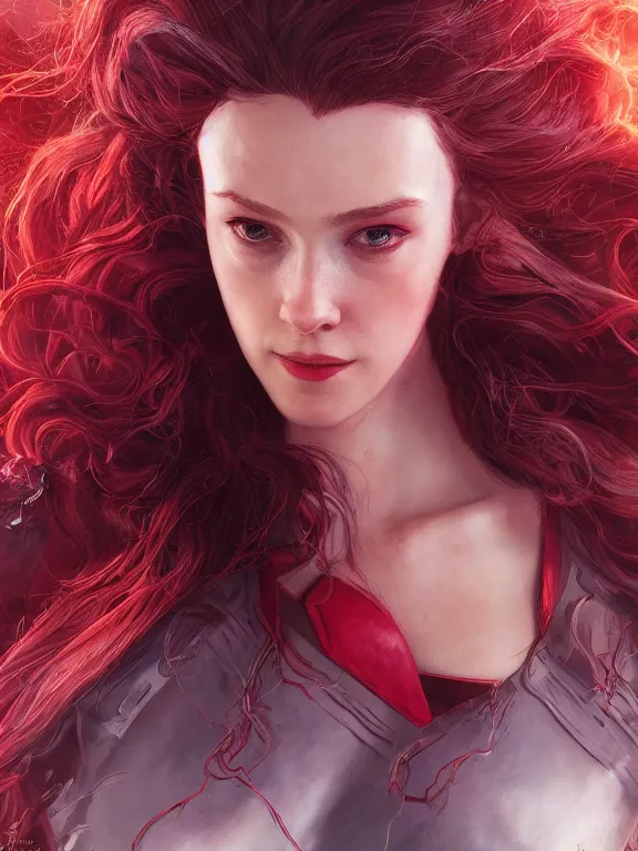 Image similar to wanda, scarlet witch, au naturel, hyper detailed, digital art, trending in artstation, cinematic lighting, studio quality, smooth render, unreal engine 5 rendered, octane rendered, art style by klimt and nixeu and ian sprigger and wlop and krenz cushart