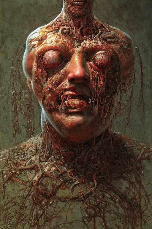 Image similar to paul blart full body portrait, highly detailed, body horror, biopunk, creative design, oil on canvas, by zdzisław beksinski, marco mazzoni, peter gric