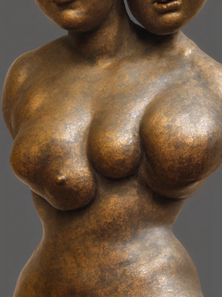 Image similar to detailed photo of an old bronze patina statue of a beautiful curvy woman portrait, intricate detail, museum diffuse lighting