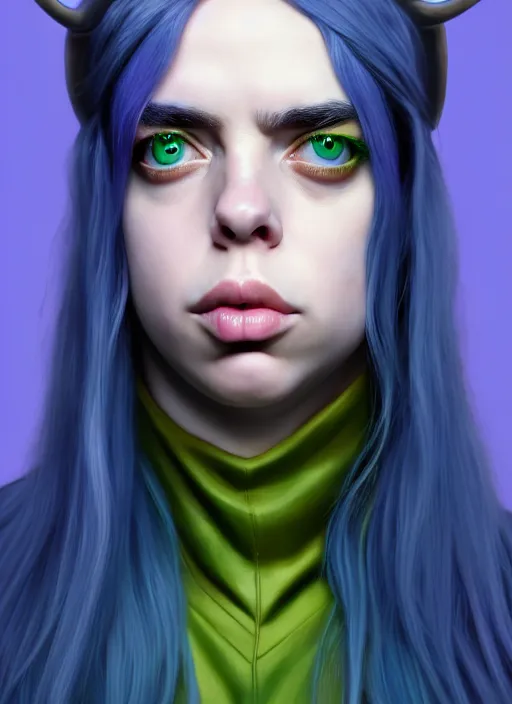 Image similar to Billie Eilish as Female Loki, beautiful facial symmetry, olive skin, hyper realistic, hyper detail, very detailed, digital art, trending on artstation, smooth render, 8k octane render, digital illustration, by Katsuhiro Otomo and Shigeru Miyamoto and Ian Sprigger