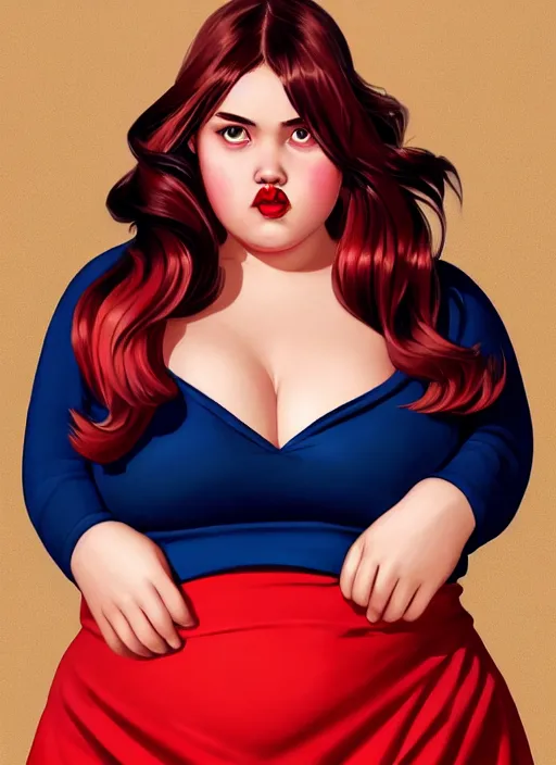 Image similar to full body portrait of teenage veronica lodge, obese, bangs, sultry, realistic, sultry smirk, wavy hair, red skirt, fat, belly, intricate, elegant, glowing lights, highly detailed, digital painting, artstation, concept art, smooth, sharp focus, illustration, art by wlop, mars ravelo and greg rutkowski