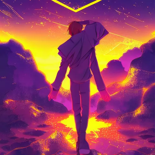 Prompt: manga cover of a shattered young prince, running to the horizon for a brand new start, golden rays of sunlight, synthwave, cyberpunk, magical, dark vibes, matte painting