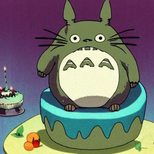 Prompt: totoro, smiling, holding a birthday cake, saying happy birthday!, studio ghibli