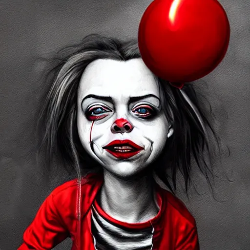 Image similar to surrealism grunge cartoon portrait sketch of billie eilish with a wide smile and a red balloon by - michael karcz, loony toons style, pennywise style, chucky style, horror theme, detailed, elegant, intricate