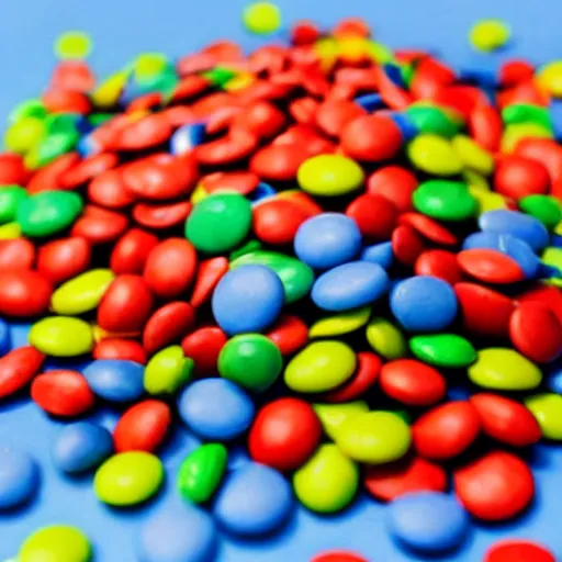 Image similar to a pile of m & ms in a radioactive cityscape