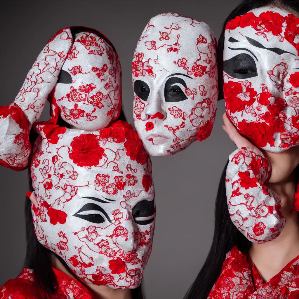 Image similar to highly detailed editorial photography of a woman wearing a red and white Kabuki mask, reflective light, at twilight, ultra fashion 8K, intricate, 105mm f2.8