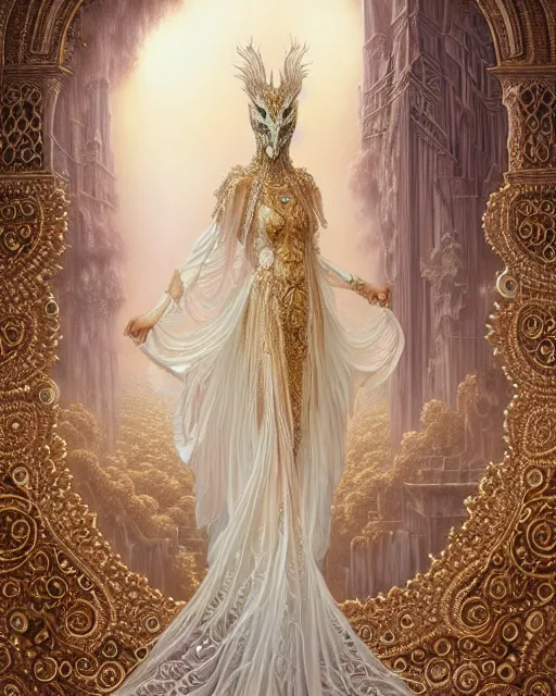 Image similar to beautiful ethereal maiden in a ivory masquerade mask intricate ornate fractal-lace and gemstones, wearing stunning ivory dress, ivory gold iridescent, full view, soft lighting, vivid, Hyperdetailed, 4k hd matte painting by Artgerm, Greg Rutkowski, Klimt, James Jean, 8k resolution, enchanting and otherworldly, Artstation, CGsociety, detailed, front view