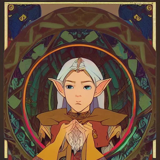 Image similar to elf wizard, dungeons and dragons, male, ornate robes, realistic facial features, highly detailed, illustration, Makoto Shinkai and Studio Ghibli animated film still, by Ilya Kuvshinov and Alphonse Mucha