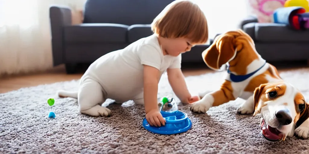 Image similar to toddler playing with pet beagle