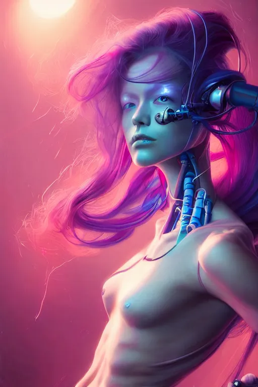 Prompt: a half body image of a beautiful young 28th century super cool post-human female wiht long colorful hair, barely human and largely biomechanical machine, hyper-realistic cyberpunk style, Peter Mohrbacher Takayuki Takeya moody, face by Yanjun Cheng, Irakli Nadar, dramatic cinematic lighting rendered by octane, 8k, detailed, intricate, clean and textures, trending on artstation, deviantart google images, pinterest