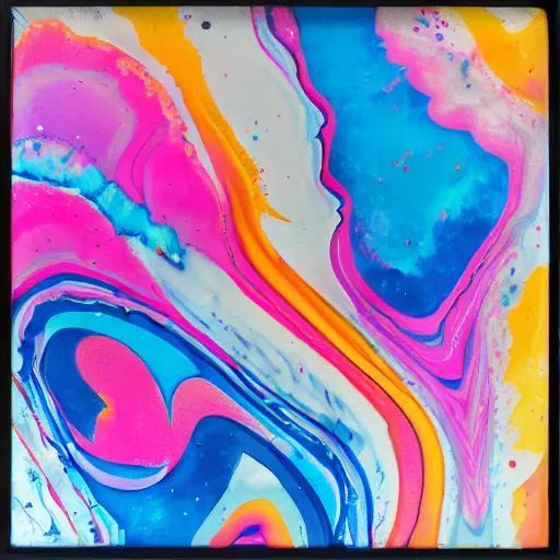 Prompt: acrylic paint pour, watercolor, marbling, graffiti, very detailed, large white border, 144x144 canvas 8k 4k :1 Black, Pink and Cyan:1