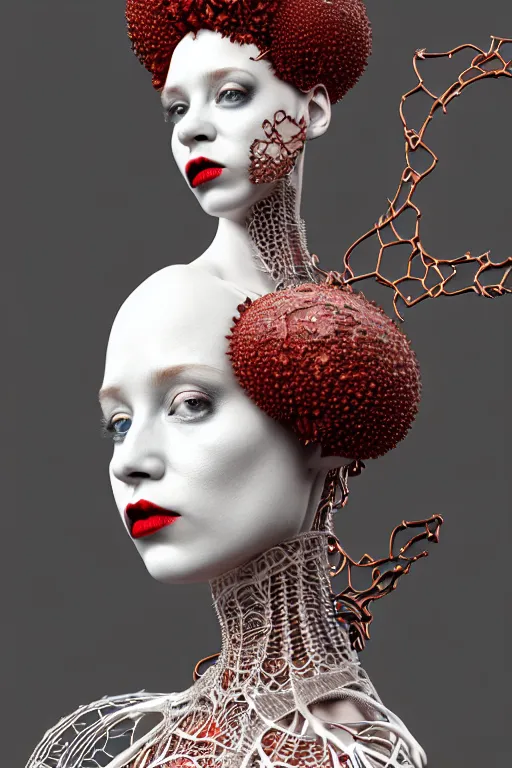 Image similar to complex 3 d render, hyper detailed ultrasharp beautiful biomechanical mandelbrot fractal steampunk filigree mesh wire female cyborg portrait with a porcelain profile face, albino afro, red lips, rim volumetric lights, elegant crown with hydrangea foliage leaves stems roots, alexander mcqueen haute couture, art nouveau fashion, hyperrealistic, octane render, 8 k