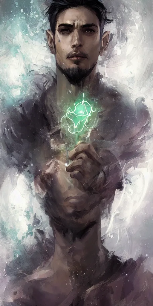 Image similar to 'a professional painting of a handsome young necromancer wizard casting an evil spell with a glowing spellbook, olive skin, buzzed short dark hair, beautiful bone structure, symmetrical facial features, intricate, elegant, digital painting, concept art, smooth, sharp focus, illustration, from Metal Gear, by Ruan Jia and Mandy Jurgens and Artgerm and William-Adolphe Bouguereau'