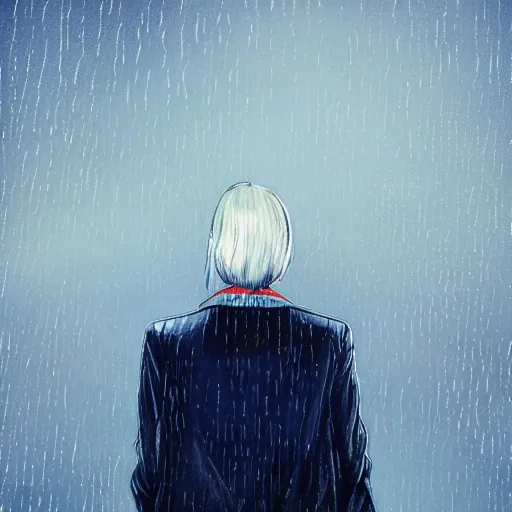 Image similar to low - angle shot from behind of a girl with light blue straight hair in a blue tailcoat overlooking noxia, combat boots, noir, sharp focus, intricate, illustration, wet reflections, rain, highly detailed, art by frank frazzeta, james jean