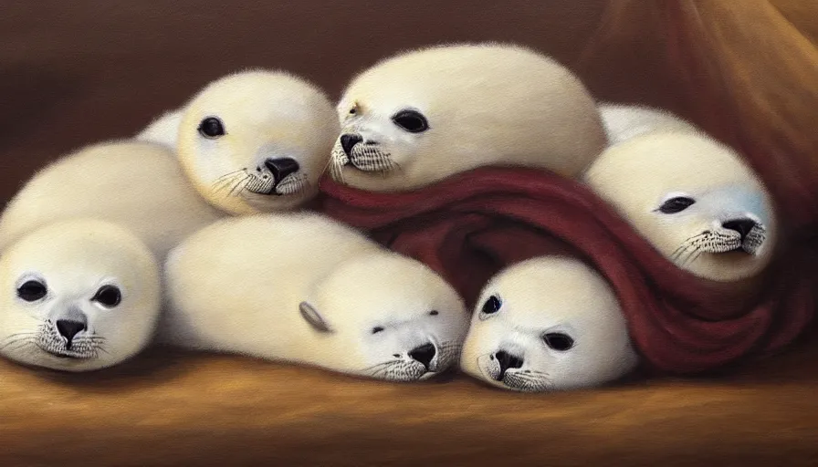 Prompt: highly detailed painting of cute furry white baby seals cuddling up in a big pile of socks by william turner, thick brush strokes and visible paint layers, 4 k resolution