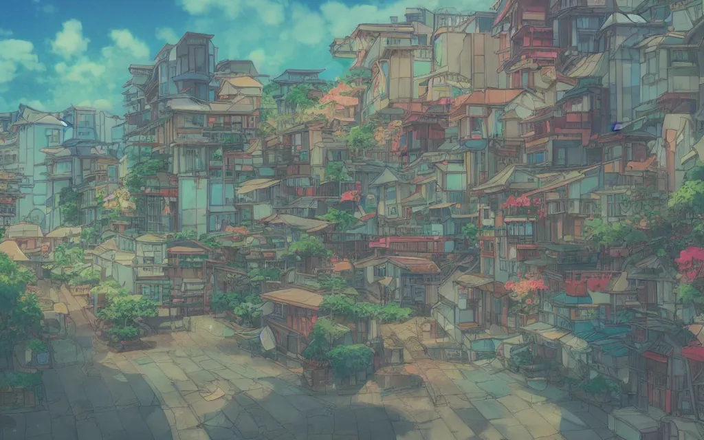 Image similar to a japanese city near the sea, lofi, dreamy, moody, very colorful, anime inspiration, ghibli vibe