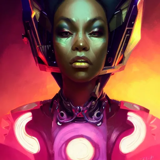 Prompt: a portrait of Adhel Bol as a beautiful cybernetic techno queen, black woman, cyberpunk concept art by pete mohrbacher and wlop and artgerm josan gonzalez and syd mead, digital art, highly detailed, intricate, sci-fi, sharp focus, Trending on Artstation HQ, deviantart, unreal engine 5, 4K UHD image