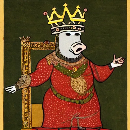 Prompt: pig depicted as a king wearing a crown