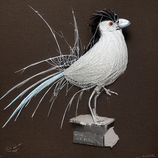 Prompt: a silver feathered partially wireframed jackdaw, with a fine paintbrush in it's beak, creating artwork on canvas, by leesha hannigan, ross tran, thierry doizon, kai carpenter, ignacio fernandez rios