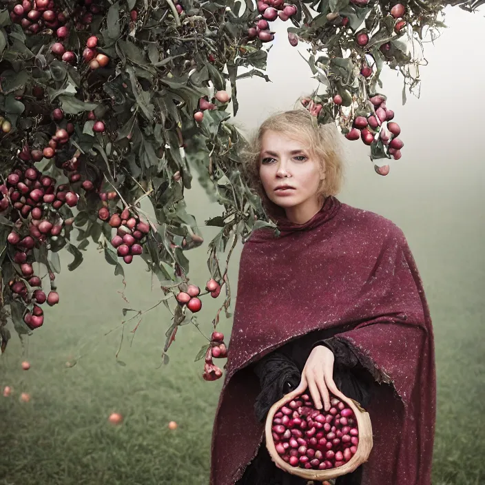 Prompt: a closeup portrait of a woman wearing a cloak made of tangled iridescent ribbon, picking pomegranates from a tree in an orchard, foggy, moody, photograph, by vincent desiderio, canon eos c 3 0 0, ƒ 1. 8, 3 5 mm, 8 k, medium - format print