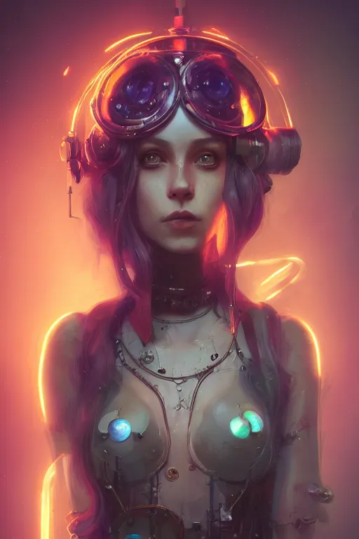 Image similar to portrait of a psychedelic steampunk girl with biotechnical parts and neon light by Artgerm and Greg Rutkowski , digital painting, highly detailed, trending on artstation