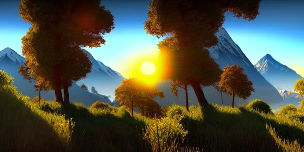 Image similar to a beautiful landscape, sun rises between two mountains, 3 d artwork by bob ross, unreal engine 5, extremely detailed, hyper realism