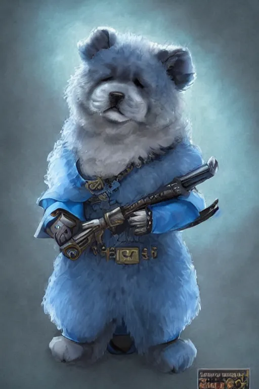 Image similar to cute anthropomorphic blue tong chow chow knight wearing a cape and a crown and holding a sniper, tiny, small, miniature chow chow, baby animal, short, pale blue armor, cute and adorable, pretty, beautiful, DnD character art portrait, matte fantasy painting, DeviantArt Artstation, by Jason Felix by Steve Argyle by Tyler Jacobson by Peter Mohrbacher, cinematic lighting