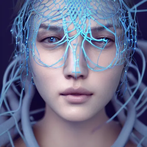 Prompt: intricate highly detailed face portrait of asian - european woman, light blue plastic vines on her face, intricate, cgsociety, unreal engine, octane render, sharp focus, smooth, volumetric lighting, cinematic composition, artstation