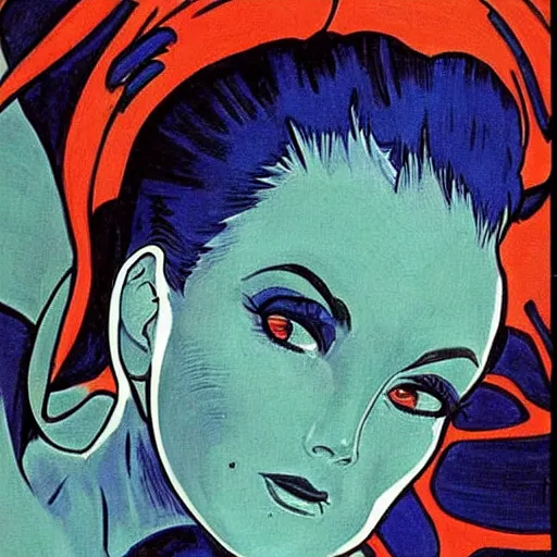 Prompt: an alien woman with blue skin and red hair, floating in space. well composed, clean elegant painting, beautiful detailed face. comic book art by steve ditko and jack kirby and ( alphonse mucha )