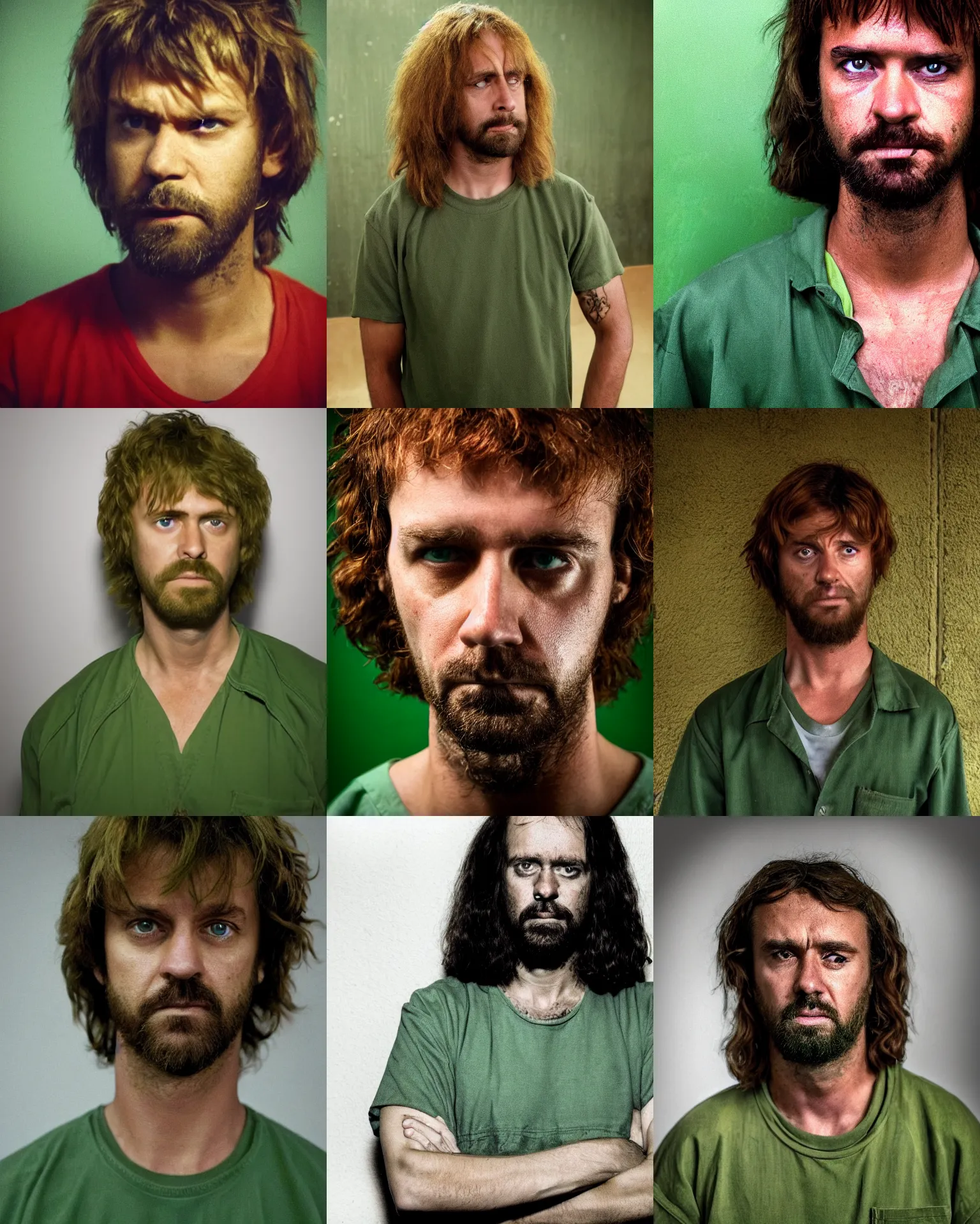 Prompt: closeup prison mugshot of shaggy, dramatic lighting, dirty green clothes, posing with a scooby snack, low saturation, somber expression, long hair, 1 9 7 0 s, smooth face, soft vignette, soft focus, 5 0 mm, 4 k, scooby doo screenshot, photograph by annie leibovitz