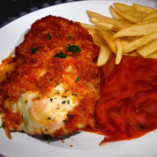 Prompt: Detailed professional photography of a chicken Parm with chips