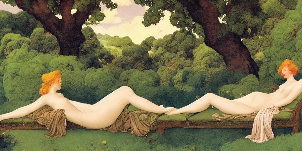 Prompt: a woman and a dryad lounging on a edwardian couch, style of maxfield parrish,
