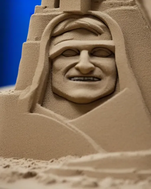 Prompt: a detailed sandcastle with the face of nathan fillion