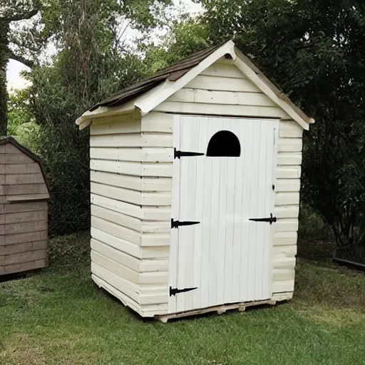 Image similar to man in a white dress builds a wooden shed out of pallets