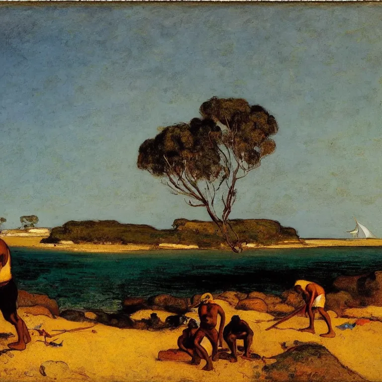 Prompt: An aborigine on the shoreline from Australia trading with a settlers coming off a boat, the settlers are wearing multicolour clothes, the ocean horizon is in the distance, wide angle shot, by Gustave Courbet