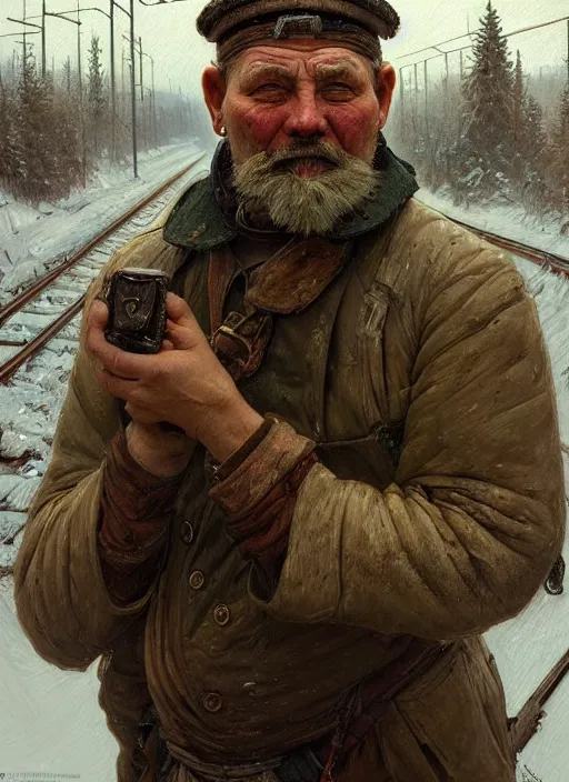 Image similar to a russian railroad electrician!!!, siberia!!, portrait, intricate, dirty, fat, ugly, highly detailed, digital painting, artstation, concept art, wallpaper, smooth, sharp focus, illustration, art by artgerm and greg rutkowski and alphonse mucha
