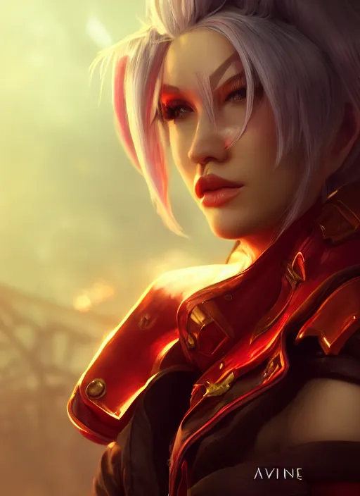 Image similar to vi from arcane, artstation, octane render, by wlop, fortiche, league of legends, fighter, cool red jacket, tattoo, beautiful, 3 d, potrait, art staion, studio light, closeup shot