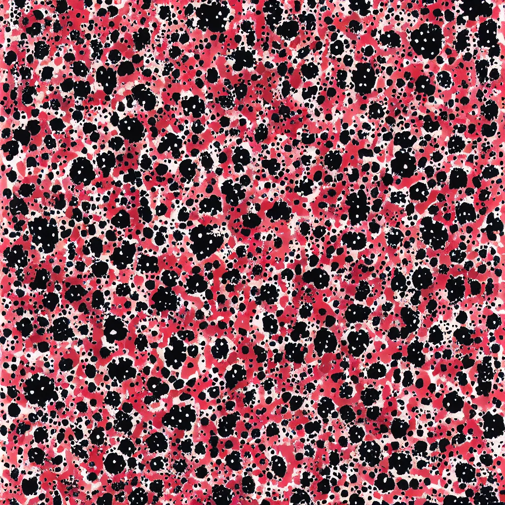 Image similar to camo made of strawberries, smiling, abstract, rei kawakubo artwork, cryptic, dots, stipple, lines, splotch, color tearing, pitch bending, color splotches, hearts, dark, ominous, eerie, minimal, points, technical, old painting