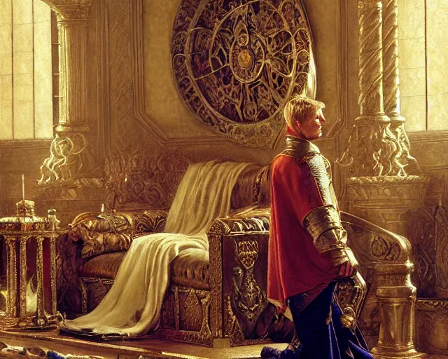 Prompt: attractive arthur pendragon, posing in the throne room of camelot highly detailed painting by gaston bussiere, craig mullins, j. c. leyendecker