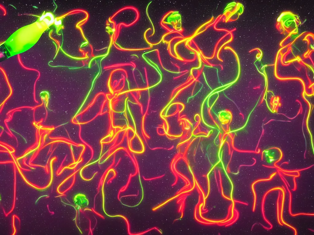 Prompt: a hyperrealistic portrait of dancing men in space opening a bottle of glowing worms and drinking fluorescent liquid , 8k