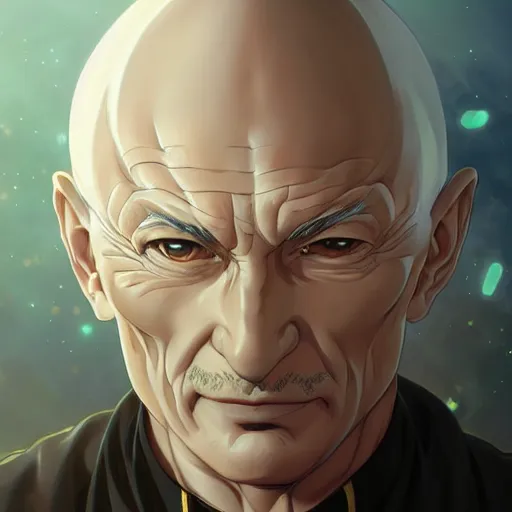 Image similar to anime Portrait of Picard, intricate, wild, highly detailed, digital painting, artstation, concept art, smooth, sharp focus, illustration, art by artgerm and greg rutkowski and alphonse mucha and Hajime Sorayama