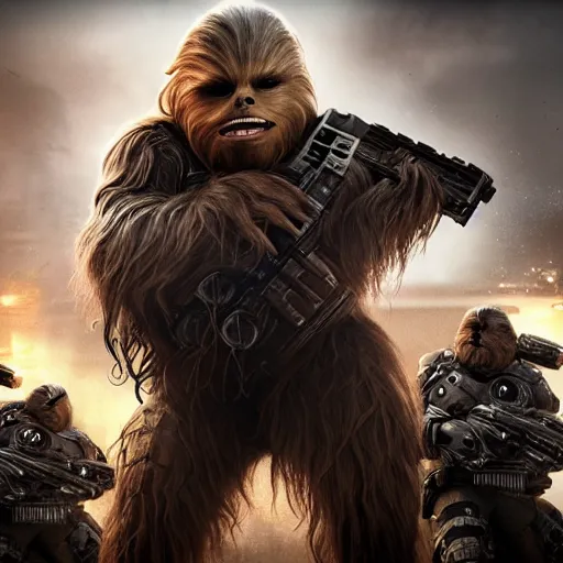 Prompt: chewbacca in gears of war gears of war, splash art, movie still, detailed face, photorealistic facial features, cinematic lighting, dramatic, octane render, long lens, shallow depth of field, bokeh, anamorphic lens flare, 8 k, hyper detailed, 3 5 mm film grain