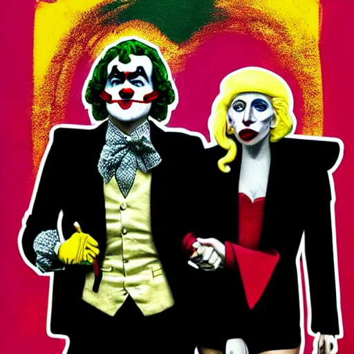 Image similar to ilya yefimovich repin and mimmo rottela and banksy as joaquin phoenix skinny joker, holding hand, lady gaga harley queen, ultra photorealistic, intricate details, pop art style, concept art, confident posse, random object details, 2 colours, warm color, 4 k, ultra smooth, sharp focus