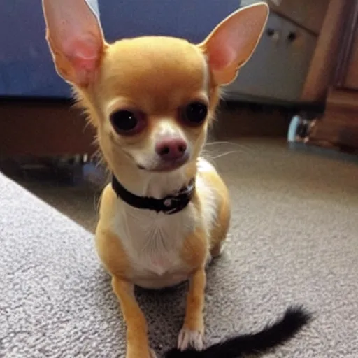 Image similar to a chihuahua-cat hybrid with long cat tail, cute