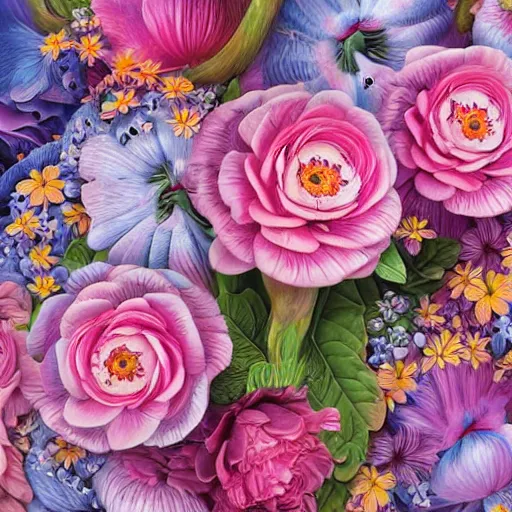 Prompt: lush flowers highly detailed, ultra realistic digital painting, rococo, artstation, concept art, pop, smooth, sharp focus, illustration, art by mark ryden and lisa frank 3 d 8 k ultra detailed