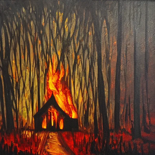 Prompt: black church on fire in a dark spikey forest, oil painting
