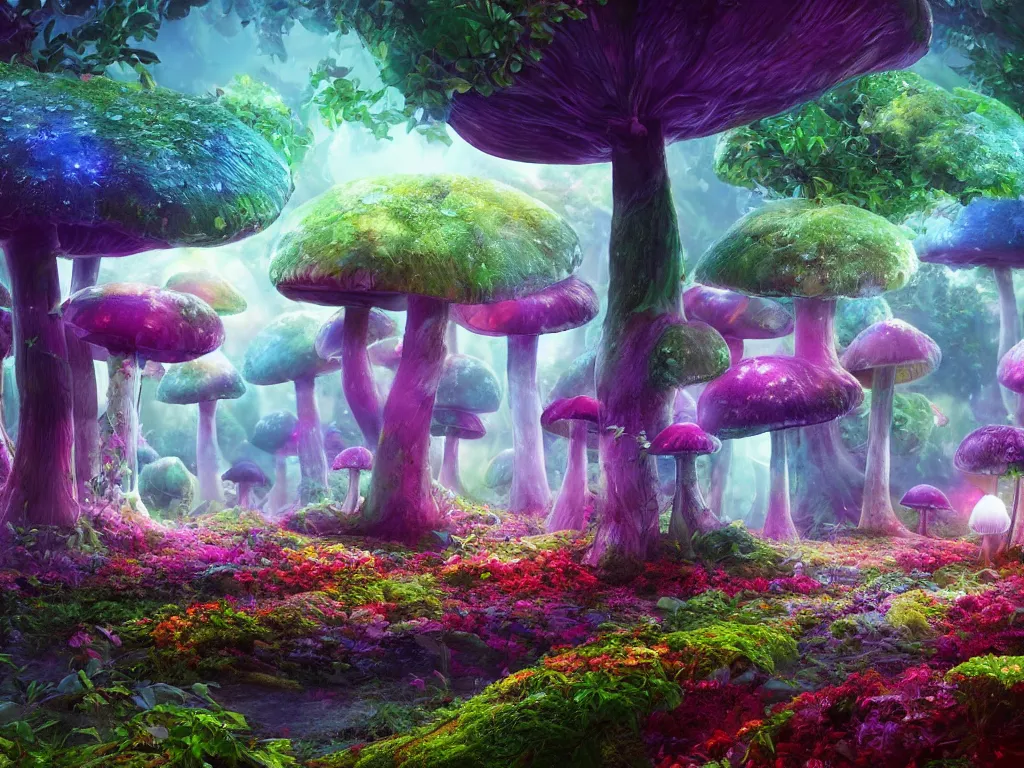 Prompt: a beautiful otherworldly fantasy landscape of giant luminous mushroom trees forming canopies over bright colorful mythical sprouted floral plants on the ground, like alice in wonderland, rendering, cryengine, deep color, vray render, cinema 4 d, cgsociety, bioluminescent